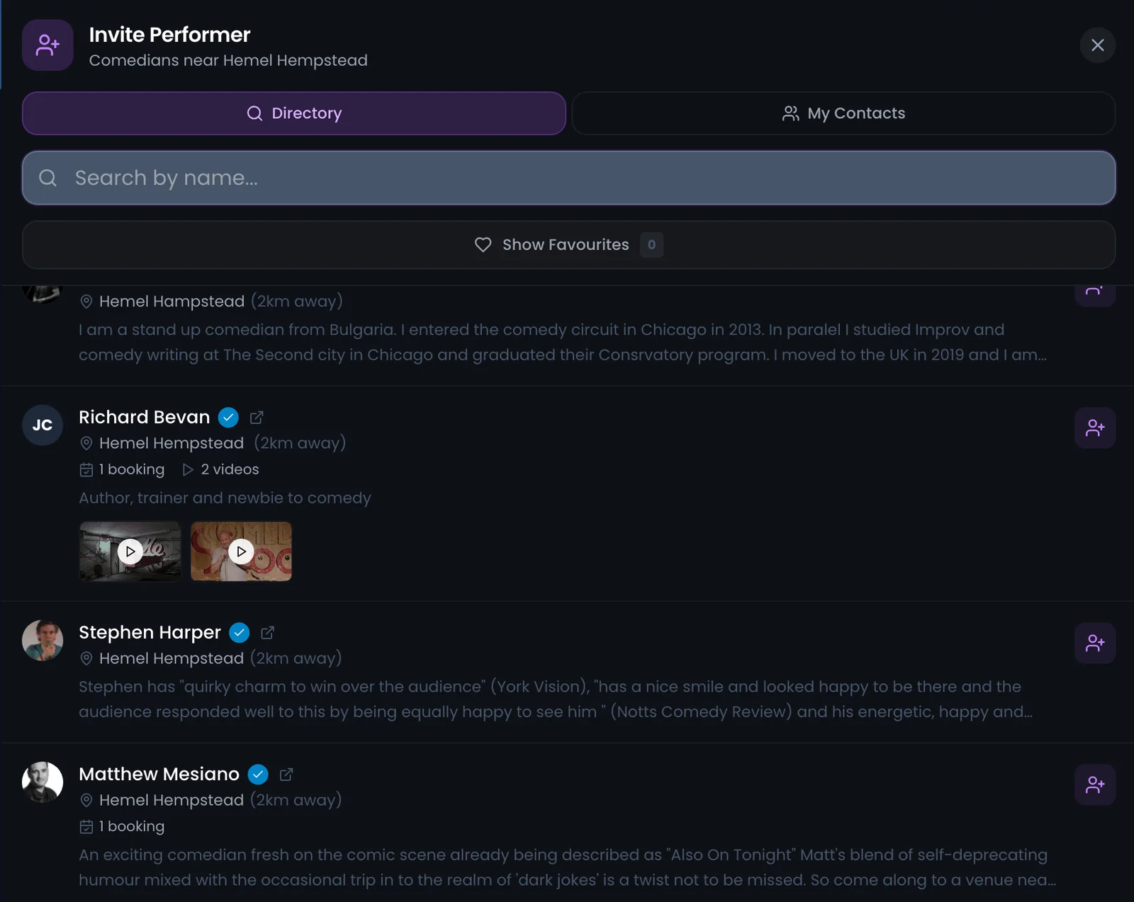 Invite performer directory